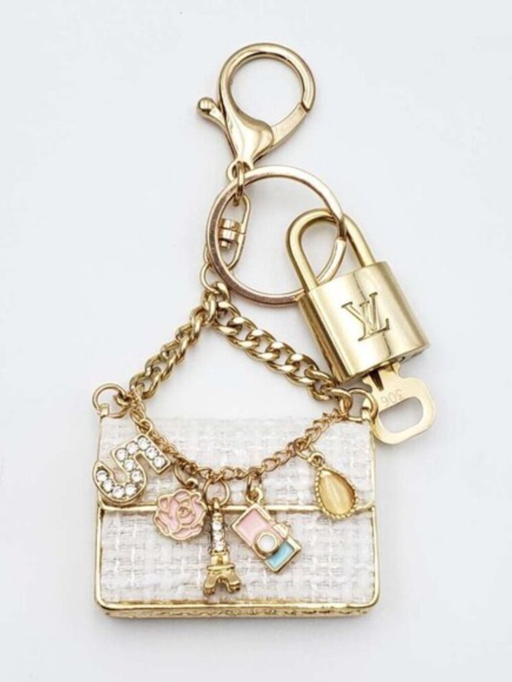 Authentic Louis Vuitton Padlock & Key Gold ✨Unbranded Tweed Bag Charm Keychain - Picture 4 of 8